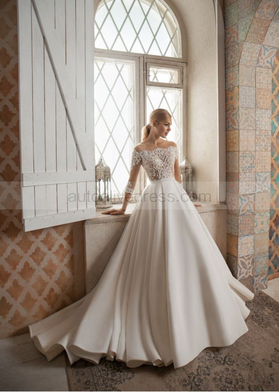 Illusion Neck Ivory Lace Satin Gorgeous Wedding Dress